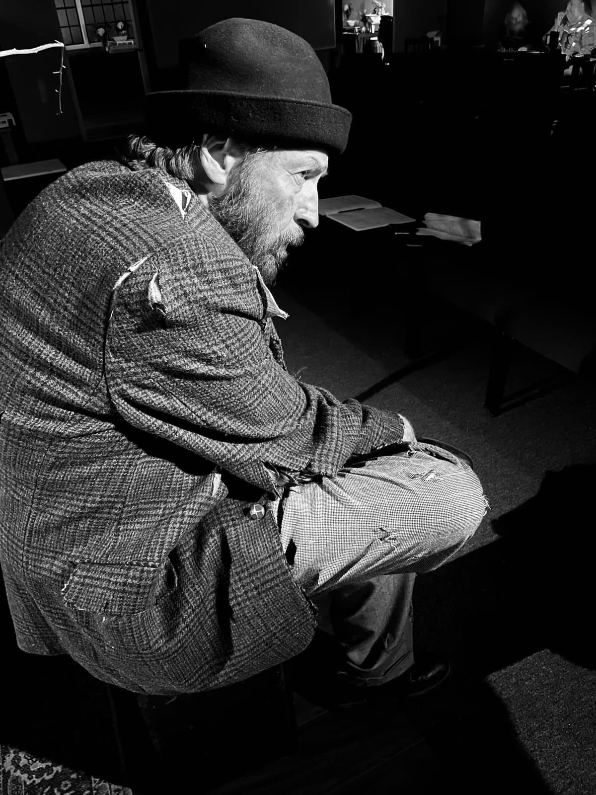 Elvis Winterbottom as Estragon in Waiting for Godot, black and white, final dress rehearsal